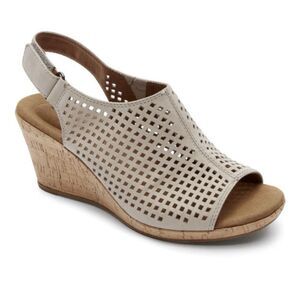 Rockport Briah Taupe Leather Perforated Slingback Wedge Sandal Breathable 7.5